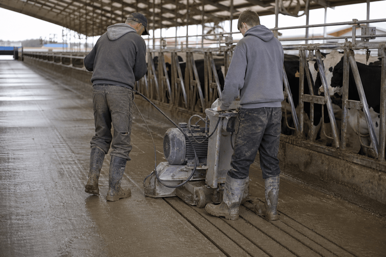 Davidson grooving crew operating a concrete grooving saw in a barn alley