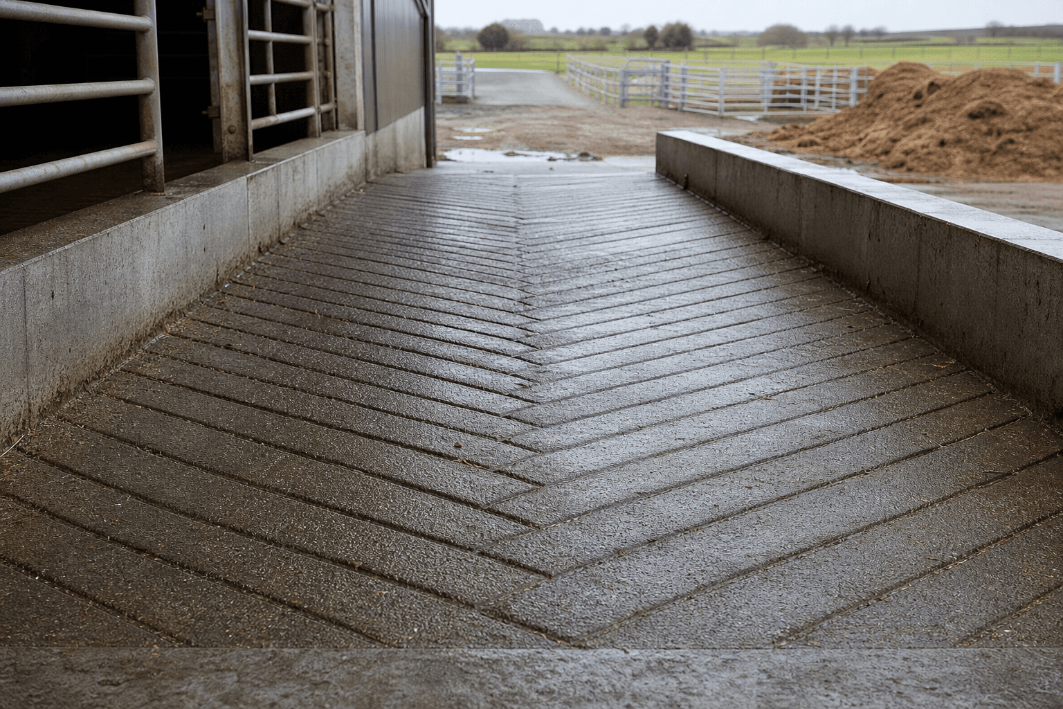 Concrete barn ramp with tractor herringbone grooving