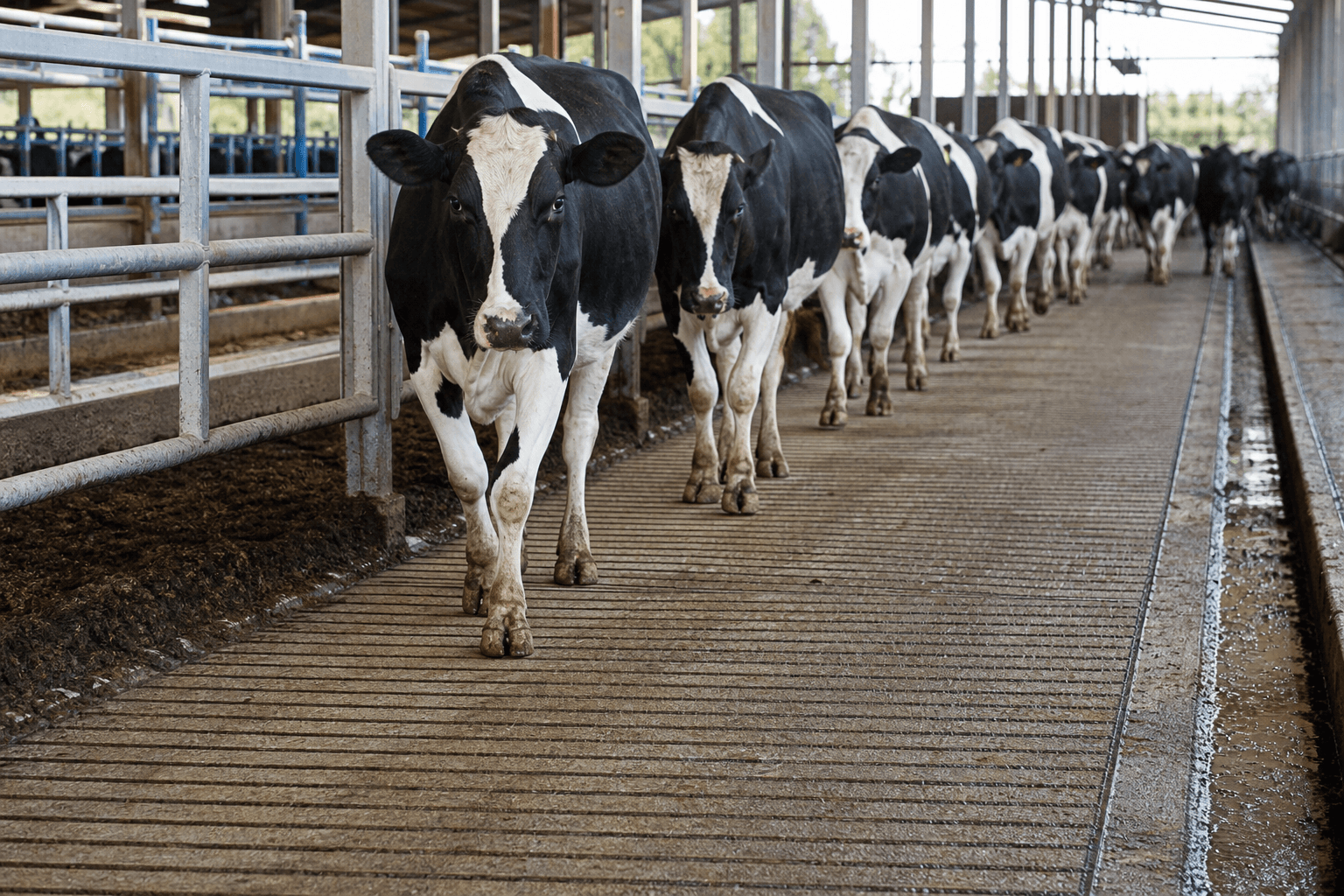 Cows moving smoothly through a grooved dairy barn alley showing improved herd flow and secure footing